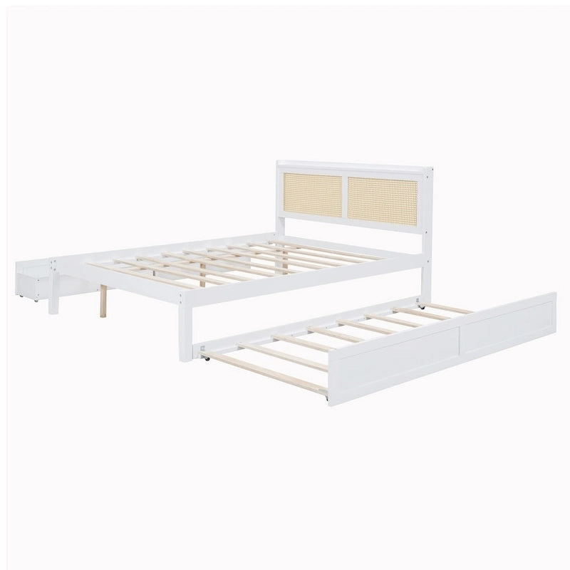 Elegant Bed Frame with Rattan Headboard and Sockets