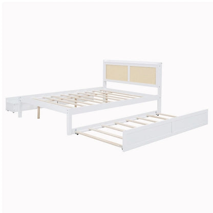 Elegant Bed Frame with Rattan Headboard and Sockets