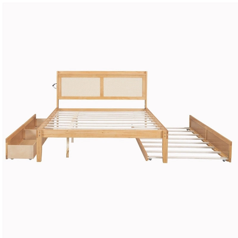 Elegant Bed Frame with Rattan Headboard and Sockets