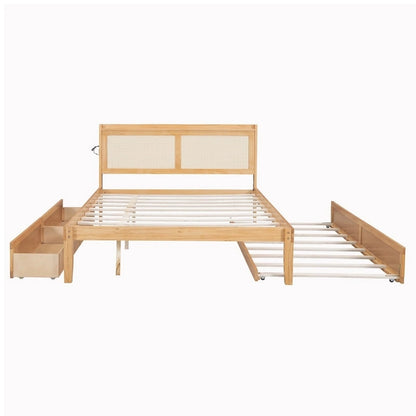 Elegant Bed Frame with Rattan Headboard and Sockets