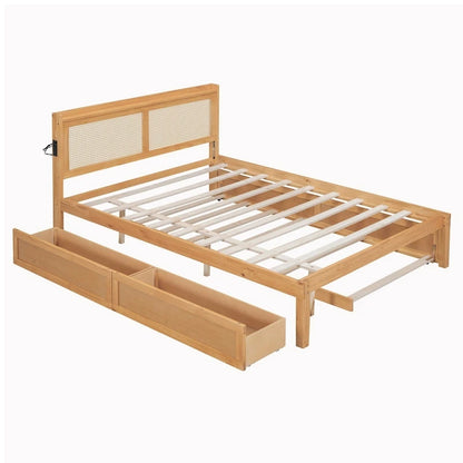 Elegant Bed Frame with Rattan Headboard and Sockets