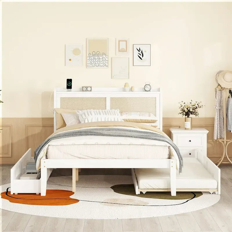Elegant Bed Frame with Rattan Headboard and Sockets
