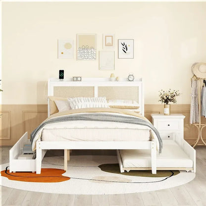 Elegant Bed Frame with Rattan Headboard and Sockets
