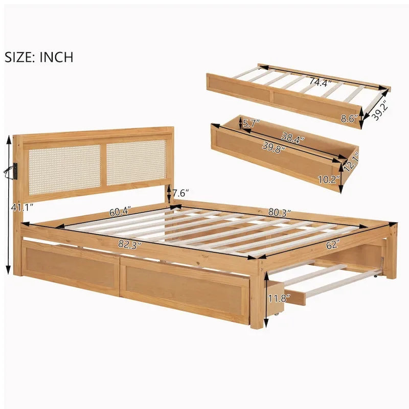 Elegant Bed Frame with Rattan Headboard and Sockets