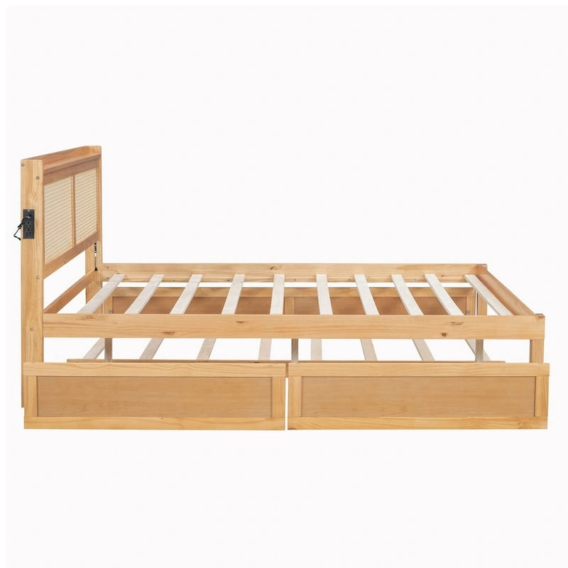Elegant Bed Frame with Rattan Headboard and Sockets