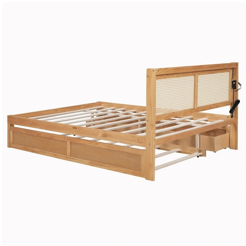 Elegant Bed Frame with Rattan Headboard and Sockets