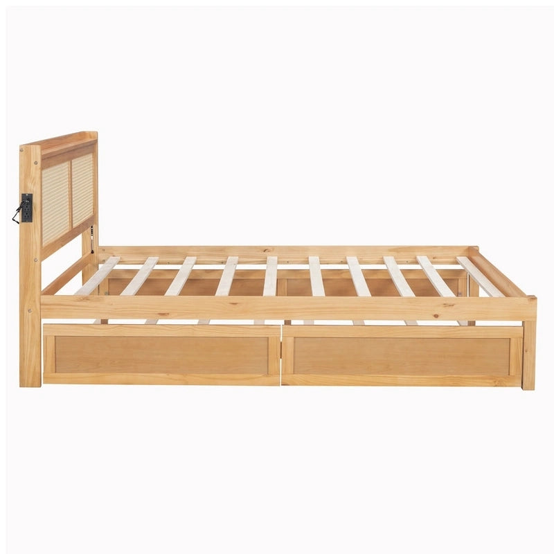 Elegant Bed Frame with Rattan Headboard and Sockets