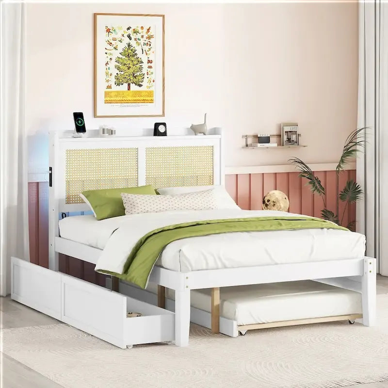Elegant Bed Frame with Rattan Headboard and Sockets