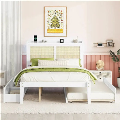 Elegant Bed Frame with Rattan Headboard and Sockets