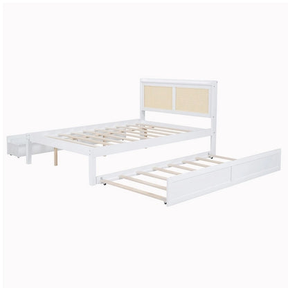 Elegant Bed Frame with Rattan Headboard and Sockets