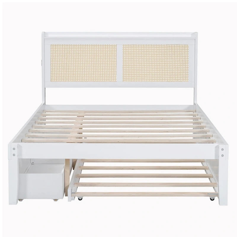 Elegant Bed Frame with Rattan Headboard and Sockets