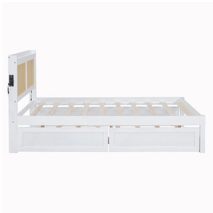 Elegant Bed Frame with Rattan Headboard and Sockets