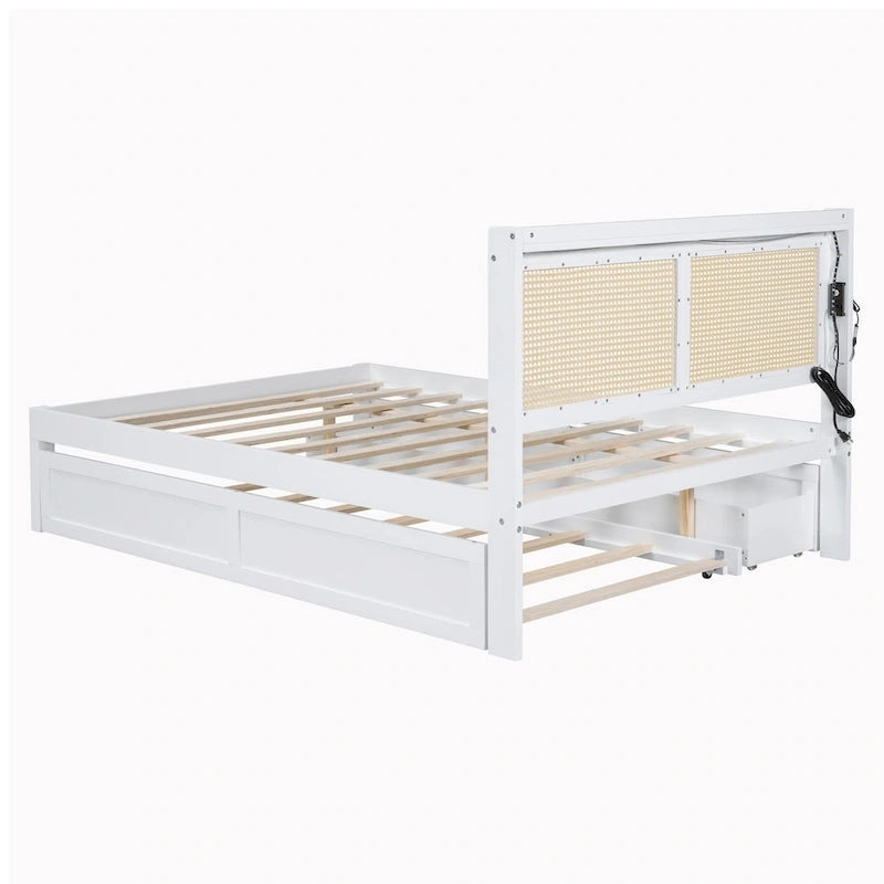Elegant Bed Frame with Rattan Headboard and Sockets