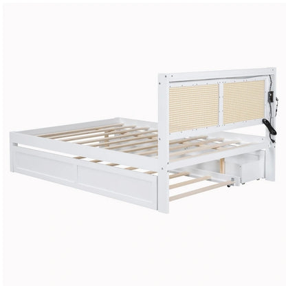 Elegant Bed Frame with Rattan Headboard and Sockets