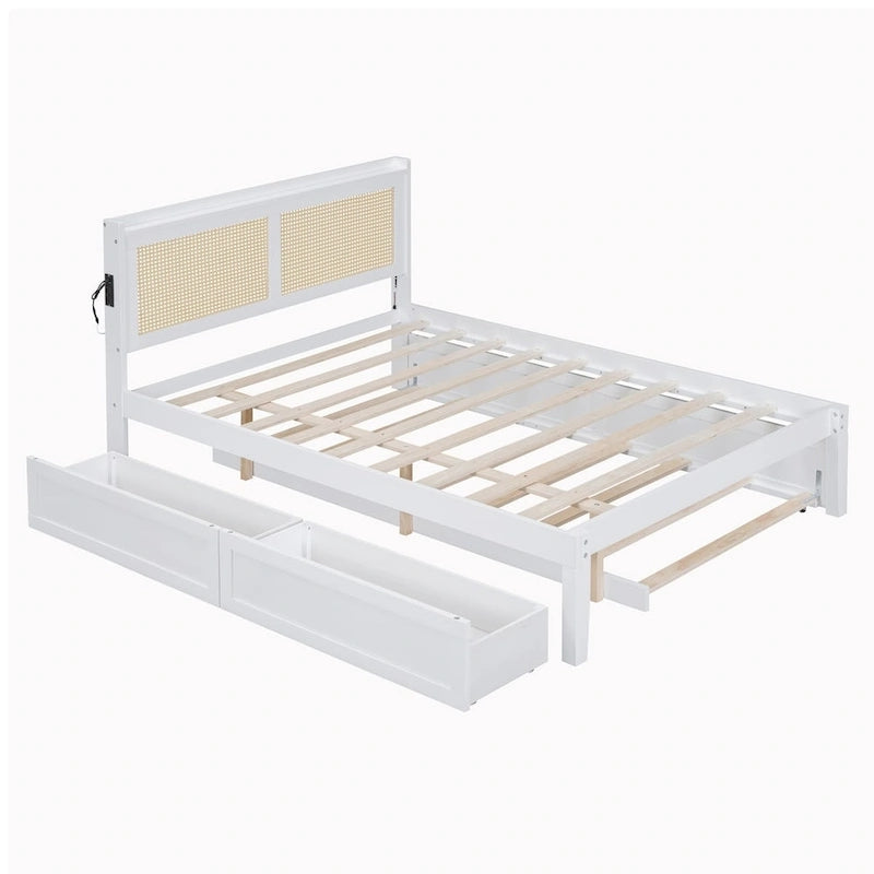 Elegant Bed Frame with Rattan Headboard and Sockets