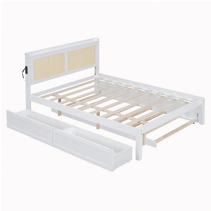 Elegant Bed Frame with Rattan Headboard and Sockets