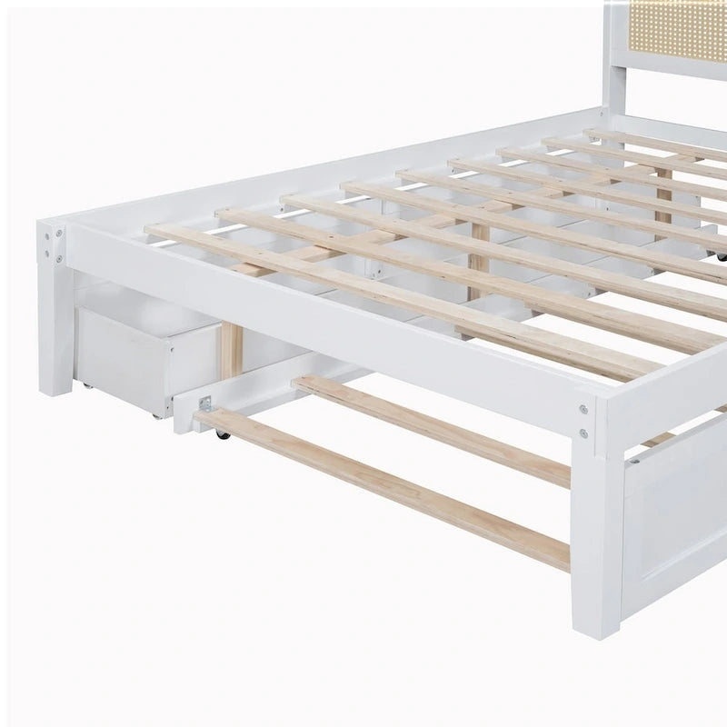 Elegant Bed Frame with Rattan Headboard and Sockets