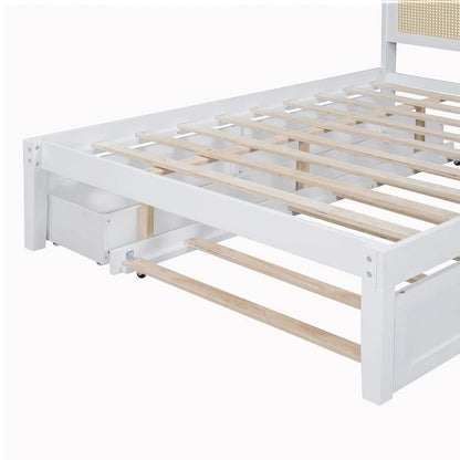 Elegant Bed Frame with Rattan Headboard and Sockets