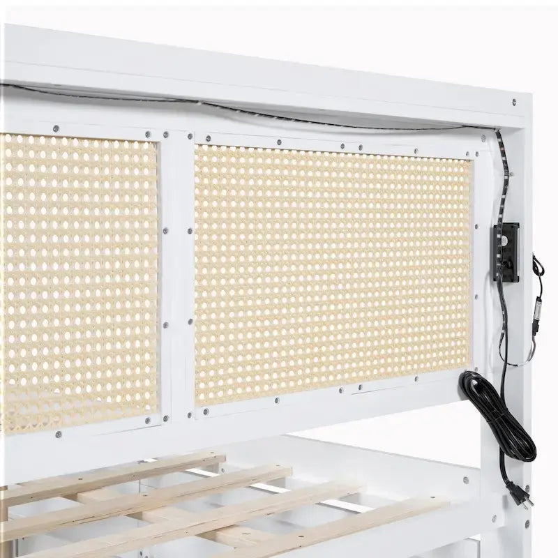 Elegant Bed Frame with Rattan Headboard and Sockets