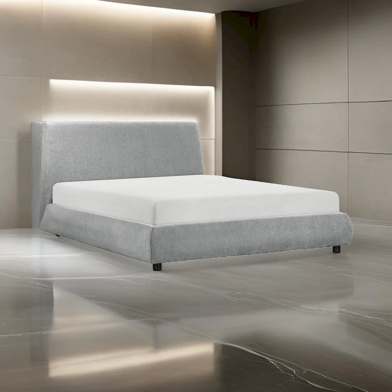Ford Queen Size Platform Bed, Low Profile, Gray Chenille Fabric Upholstery