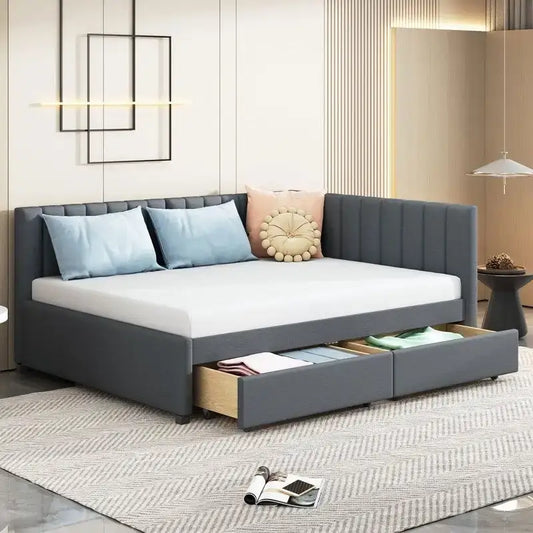 Full Size Linen Upholstered Daybed with 2 Storage Drawers, Sofa Bed