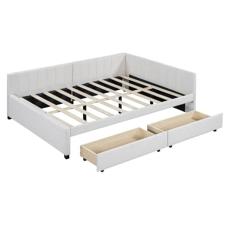 Full Size Linen Upholstered Daybed with 2 Storage Drawers, Sofa Bed