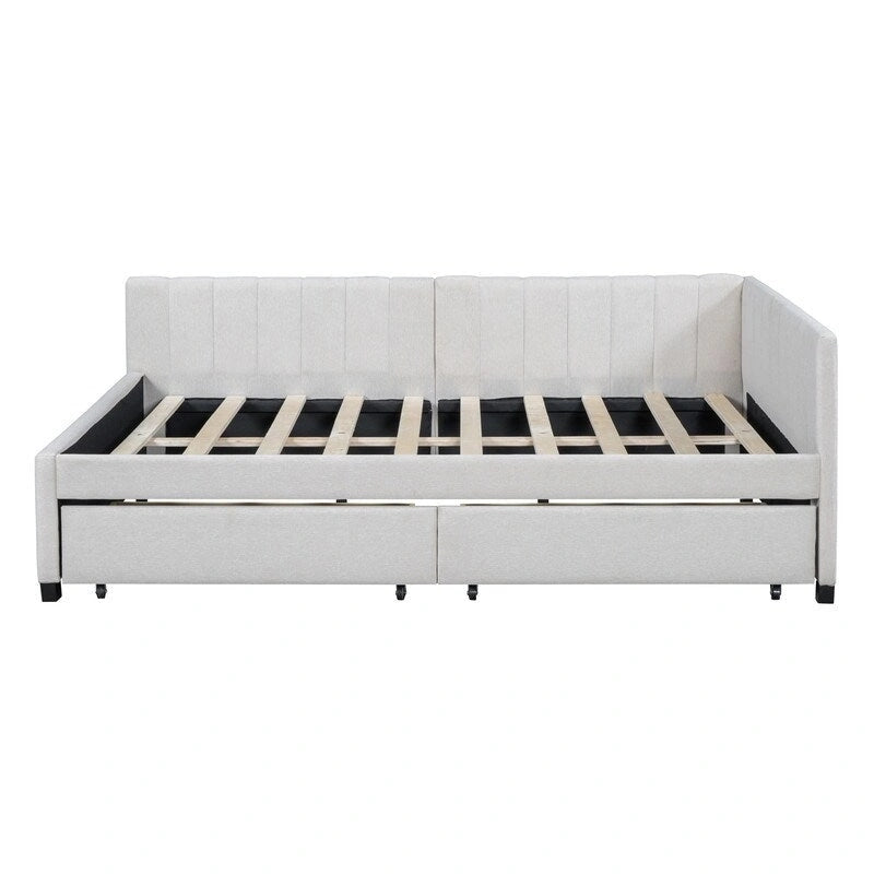 Full Size Linen Upholstered Daybed with 2 Storage Drawers, Sofa Bed