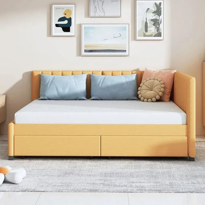 Full Size Linen Upholstered Daybed with 2 Storage Drawers, Sofa Bed