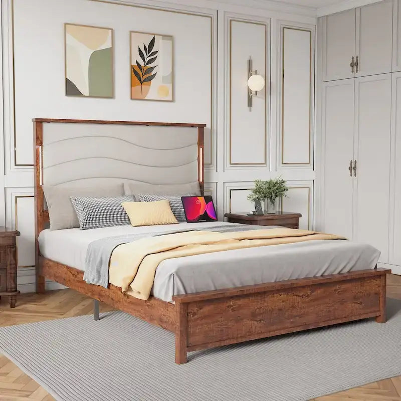 King Bed Frame with Upholstered Headboard, Charging Station, LED Lights, Wood Slats, No Box Spring Needed, Easy Assembly