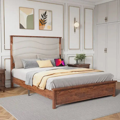 King Bed Frame with Upholstered Headboard, Charging Station, LED Lights, Wood Slats, No Box Spring Needed, Easy Assembly