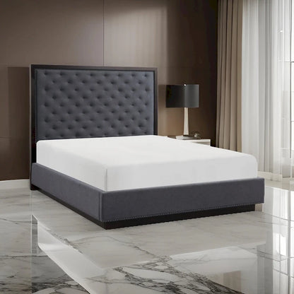Tey Queen Size Bed with Button Tufted Headboard, Gray Fabric, Ash Veneer