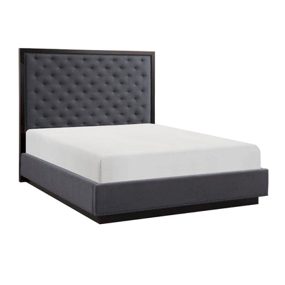 Tey Queen Size Bed with Button Tufted Headboard, Gray Fabric, Ash Veneer