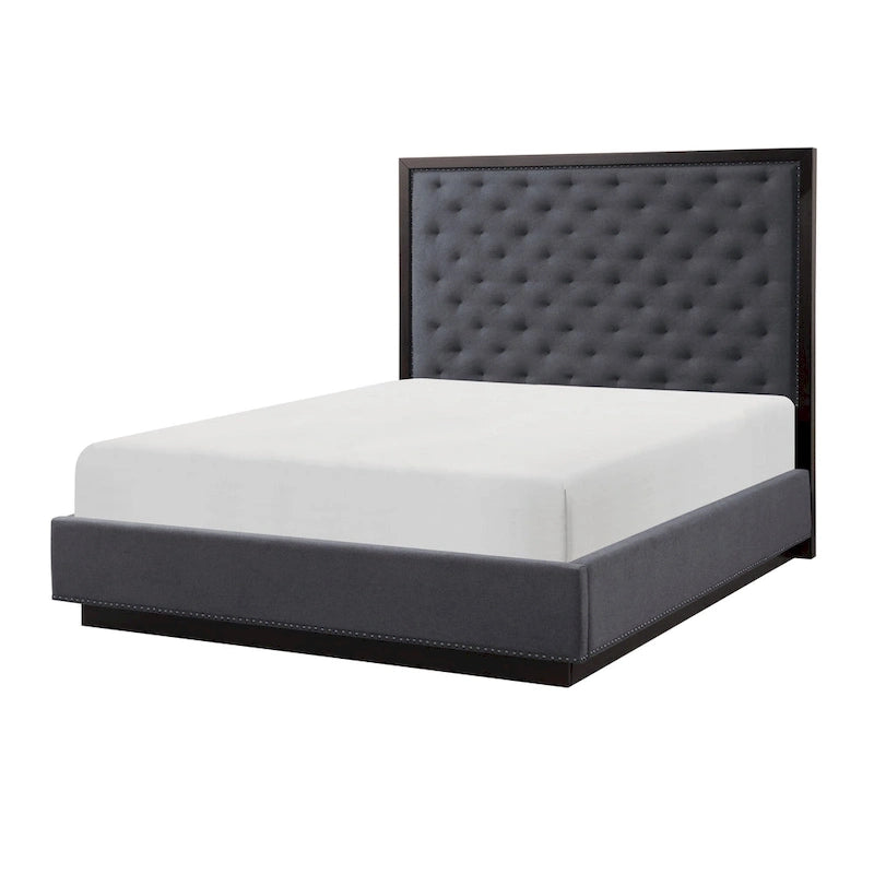 Tey Queen Size Bed with Button Tufted Headboard, Gray Fabric, Ash Veneer
