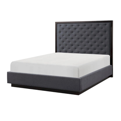 Tey Queen Size Bed with Button Tufted Headboard, Gray Fabric, Ash Veneer