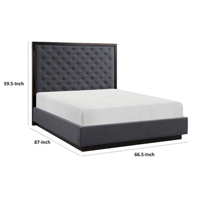 Tey Queen Size Bed with Button Tufted Headboard, Gray Fabric, Ash Veneer