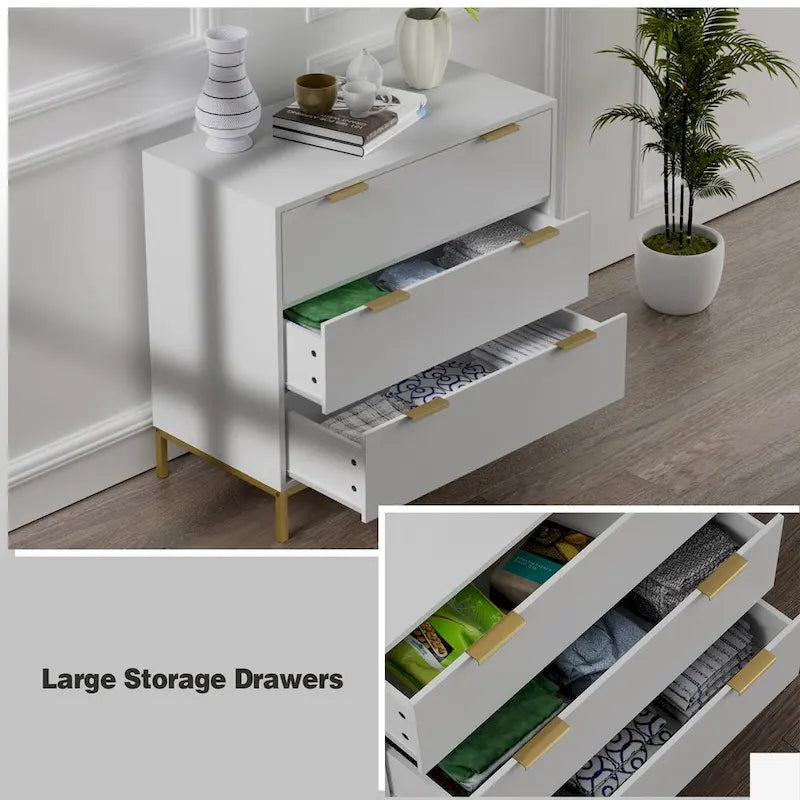 Anmytek Mid-Century Modern 3-Drawer White Dresser for Bedroom Wood Chest of Drawers