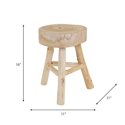 16H Wooden Stool with Live-Edge Round Top and Triangle Footrest Base, Natural Finish Perfect for Extra