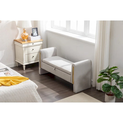 Velvet Fabric Storage Bench Bedroom Bench With Gold Metal Trim Strip For Living Room Bedroom Indoor
