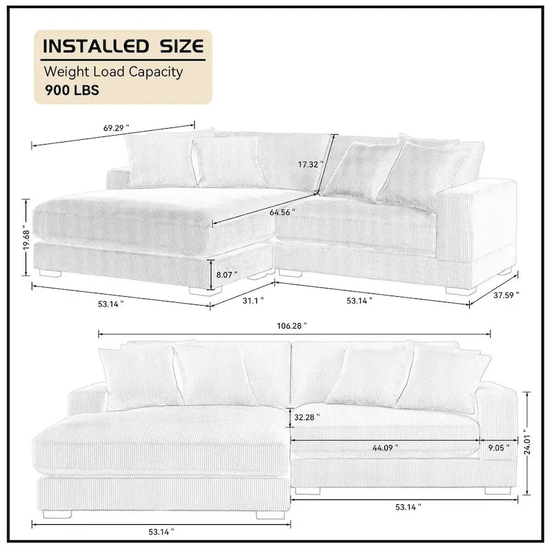 106.28inch Sectional Couch Covers L Shaped Corduroy Sofa Covers Chaise Lounge Cover 2 Pieces with 6pcs Pillows