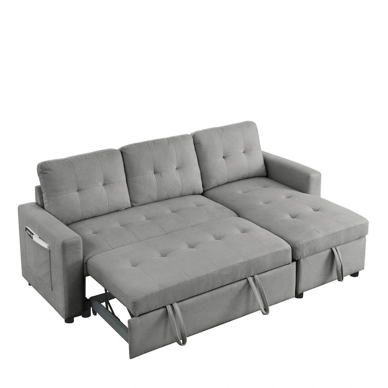 78.5-inch Beige Reversible Sleeper Sectional Sofa with Storage Chaise and Side Storage Bag - 78.5W x 49D x 31H