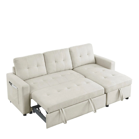 78.5-inch Beige Reversible Sleeper Sectional Sofa with Storage Chaise and Side Storage Bag - 78.5W x 49D x 31H