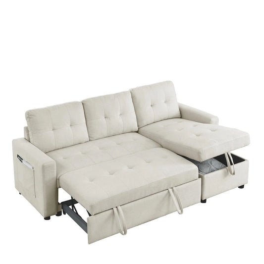 78.5-inch Beige Reversible Sleeper Sectional Sofa with Storage Chaise and Side Storage Bag - 78.5W x 49D x 31H