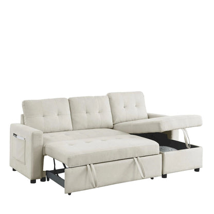 78.5-inch Beige Reversible Sleeper Sectional Sofa with Storage Chaise and Side Storage Bag - 78.5W x 49D x 31H