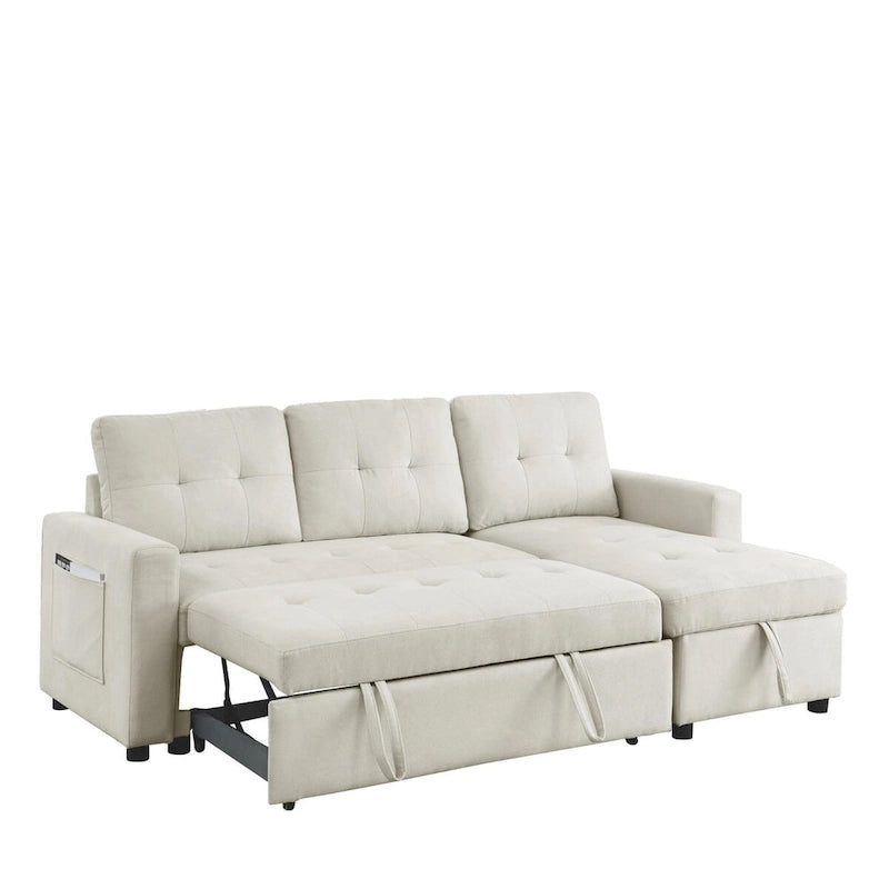 78.5-inch Beige Reversible Sleeper Sectional Sofa with Storage Chaise and Side Storage Bag - 78.5W x 49D x 31H