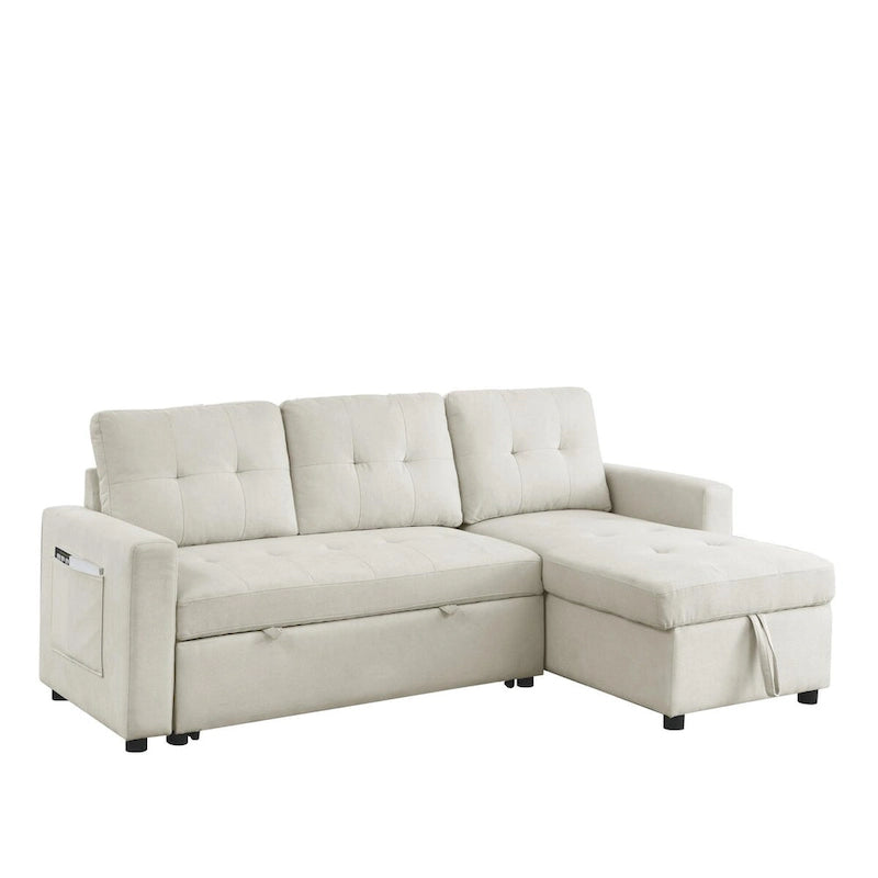 78.5-inch Beige Reversible Sleeper Sectional Sofa with Storage Chaise and Side Storage Bag - 78.5W x 49D x 31H
