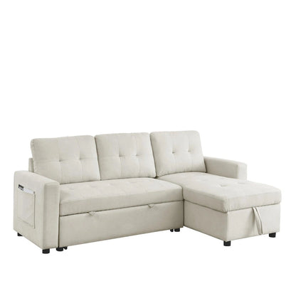 78.5-inch Beige Reversible Sleeper Sectional Sofa with Storage Chaise and Side Storage Bag - 78.5W x 49D x 31H