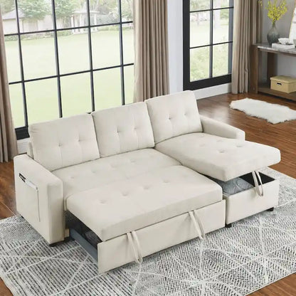 78.5-inch Beige Reversible Sleeper Sectional Sofa with Storage Chaise and Side Storage Bag - 78.5W x 49D x 31H