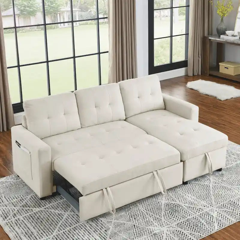 78.5-inch Beige Reversible Sleeper Sectional Sofa with Storage Chaise and Side Storage Bag - 78.5W x 49D x 31H