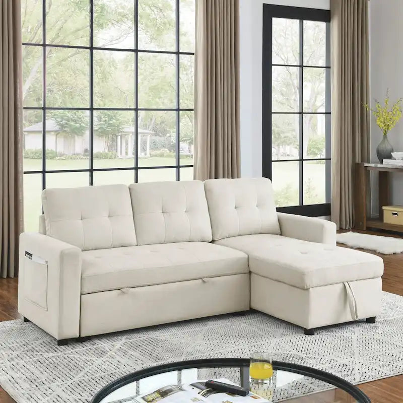78.5-inch Beige Reversible Sleeper Sectional Sofa with Storage Chaise and Side Storage Bag - 78.5W x 49D x 31H
