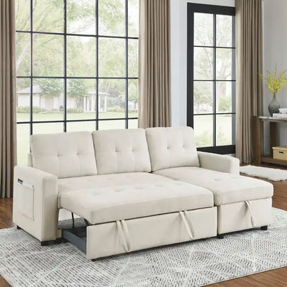 78.5-inch Beige Reversible Sleeper Sectional Sofa with Storage Chaise and Side Storage Bag - 78.5W x 49D x 31H